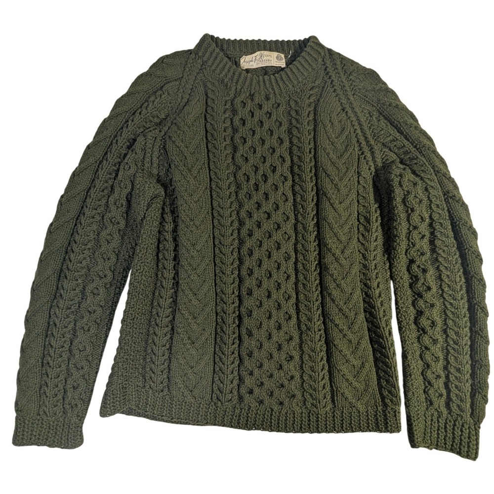 Joseph F. Heron Wool‎ Fisherman Sweater M Green Handknit Aran Ireland Vintage